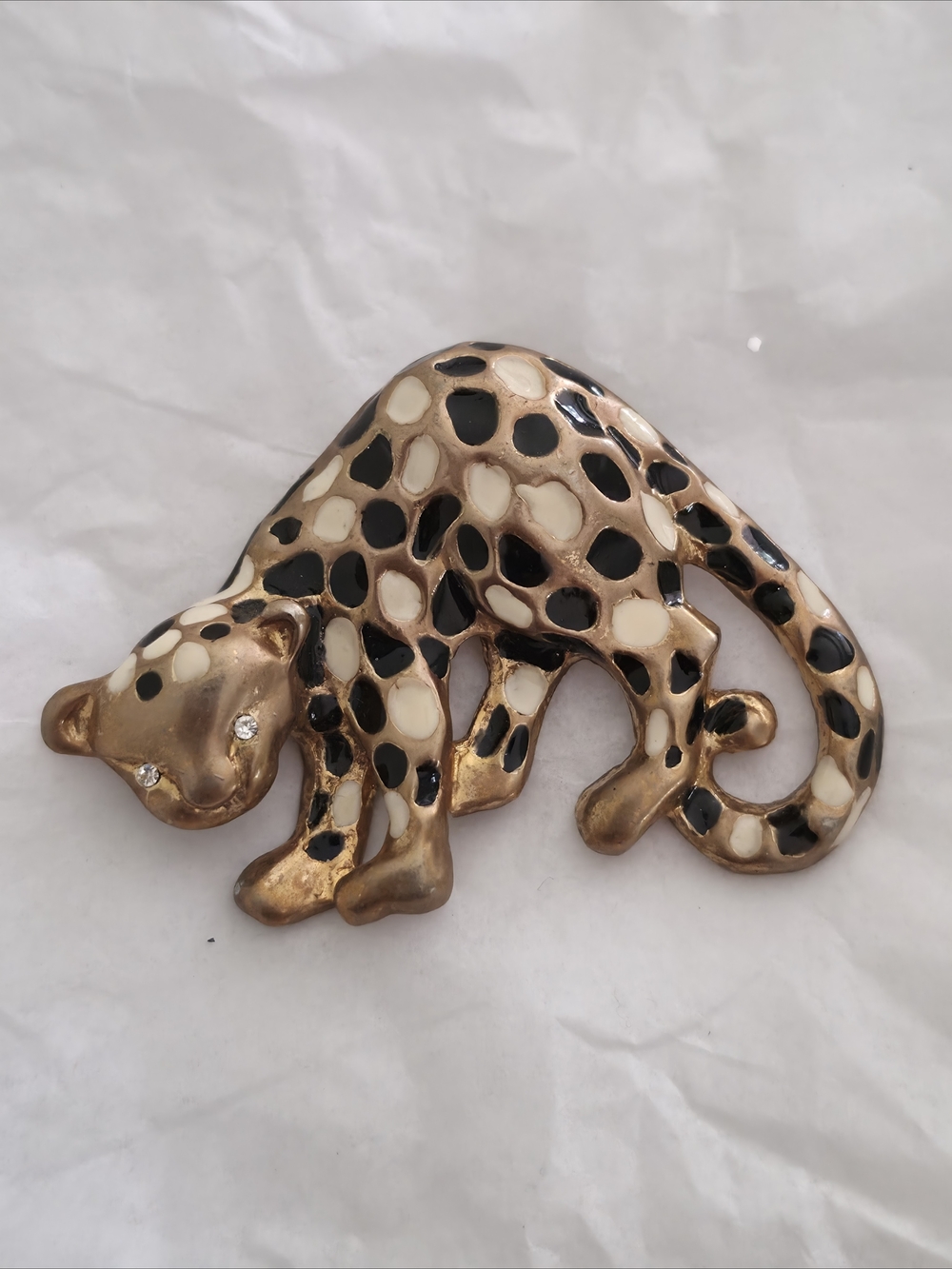 Vintage Gold-Tone Leopard Enamel Brooch with Black & Cream Spots
